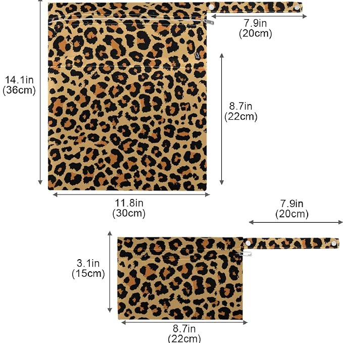 visesunny Leopard Grain 2Pcs Wet Bag with 2 Zippered Pockets Snap Handle Washable Reusable Roomy for Travel,Beach,Pool,Daycare,Stroller,Diapers,Dirty Gym Clothes, Wet Swimsuits, Toiletries