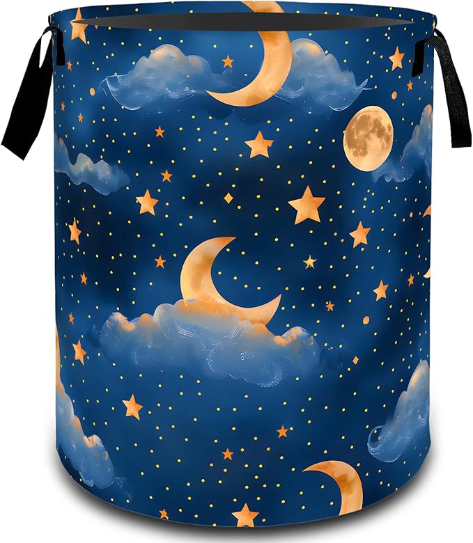 VODRM Moon and Star Night Sky Laundry Basket, Dirty Collapsible Clothes Toy Organizer Hamper for Kids Adults, Oxford Cloth Waterproof Storage Bin for Bedroom Bathroom Home Decor Gifts, 19.7"X15.7"