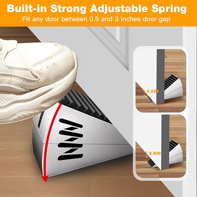 2 Pack Heavy Duty Metal Door Stop, Strongest Large Adjustable Spring Door Stopper Up to 3 inch Tall, Door Stoppers for Bottom of Door, Silver Rubber Door Wedge for Any Heavy Doors
