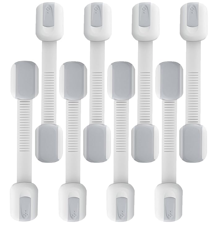 Child Safety Cabinet Strap Locks - OKEFAN 12 Pack Baby Proofing Adhesive Latches for Kids Drawer Cupboard Dishwasher Fridge Oven Door No Drill (Grey)