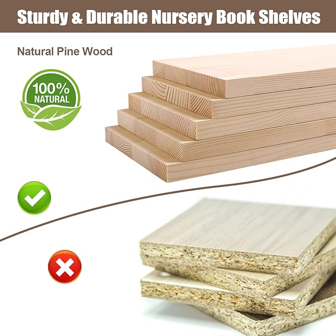 Floating Nursery Book Shelves with Hooks-20Inches Scalloped Shelves for Bedroom Kids Set of 3, Nursery Bookshelf for Kids Room Decor, Natural, Large