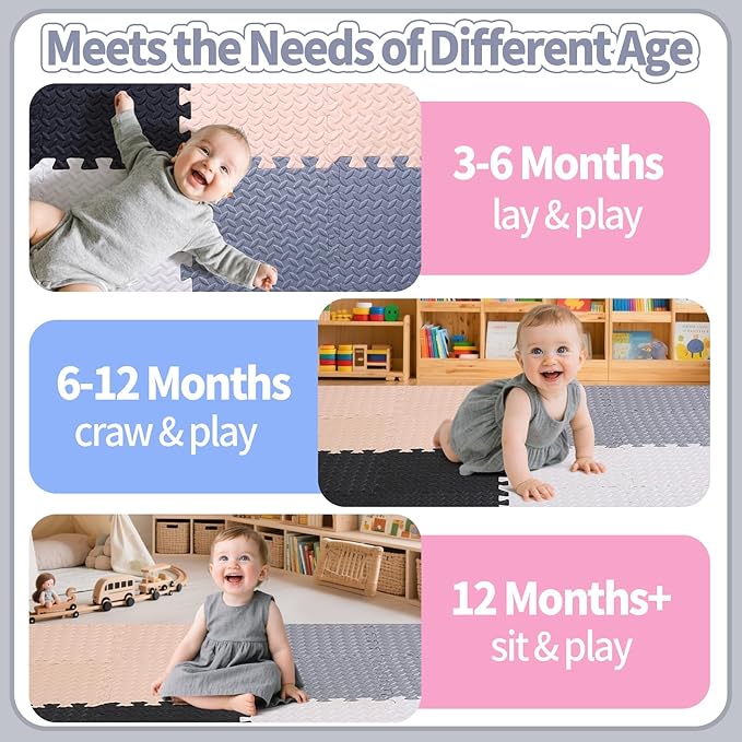 Coolcandy Baby Foam Play Mat 16Pcs with Edge Strips, 4 Colors Interlocking Floor Tiles, 0.4″ Thickened Non-Slip Puzzle Floor Mat for Infants Toddlers Playroom & Daycare