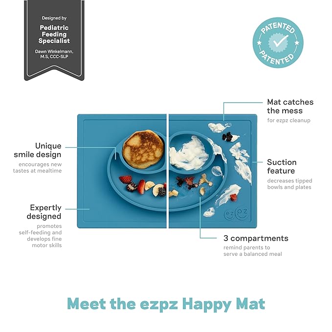 ezpz Happy Mat (Blue) - 24 Months+ - 100% Silicone Suction Placemat + Divided Plate with Three Compartments - Toddler + Preschool Essentials