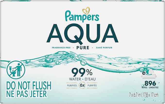 Pampers Aqua Pure Baby Wipes, 99% Water, Fragrance Free, Unscented, Water Based, Multi-Use, 896 Wipes Total (16X Flip-Top Packs) [Packaging May Vary]