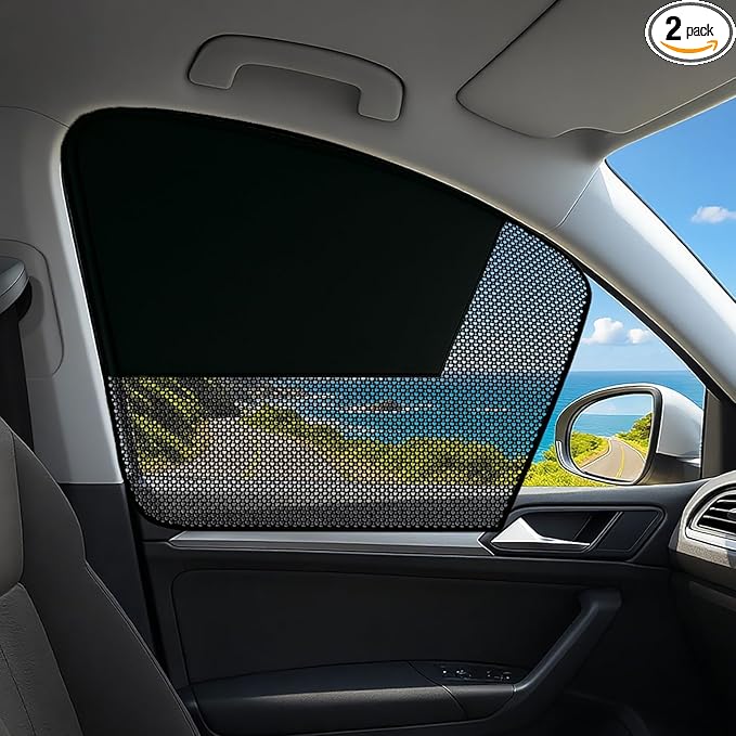 Car Window Shades, 2 Pack Magnetic Half Blackout & Half See-Through Car Sun Shade Side Window, Front Window Shade Block Heat UV Rays Glare for Driver Passenger