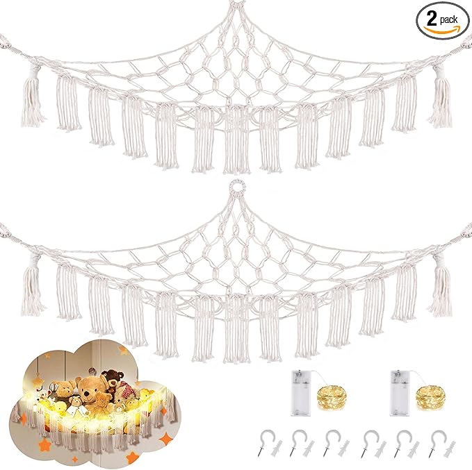CERETIA Stuffed Animal Hammock with LED Light, Large Stuffed Animals Storage Corner Plushie Net for Kids Room Decor, 2 Packs White
