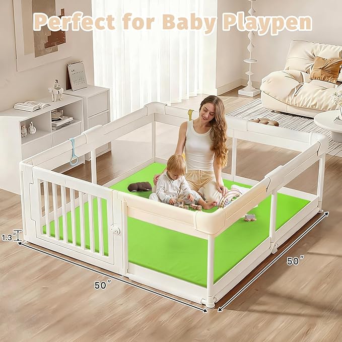 Waterproof Baby Play Mat for Floor 1.3"Thick Memory Foam 50 * 50 Cushion Playpen Playmat Tummy Time Crawling Mat Nursery Rug Pad Mattress Create Soft & Safe Area for Infants,Toddler,Kids,Green