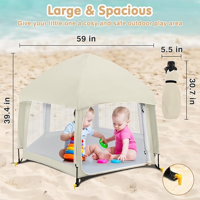 Zooawa Pop Up Playpen for Baby, Portable Playpen for Babies and Toddlers with Removable Sun-Shades& 2 Side UV Covers, Lightweight Outdoor Baby Play-Pen for Beach Home with Travel Bag, Beige