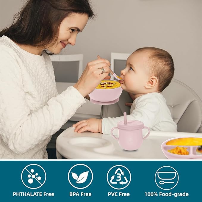 Dormlony 100% Silicone baby feeding set,BPA free Baby dishes set with Suction Bowl Divided Plate,Toddler Self Feeding Dish Set with Spoons Forks Sippy Cup And Bib, Baby Eating Utensils (Lilac)