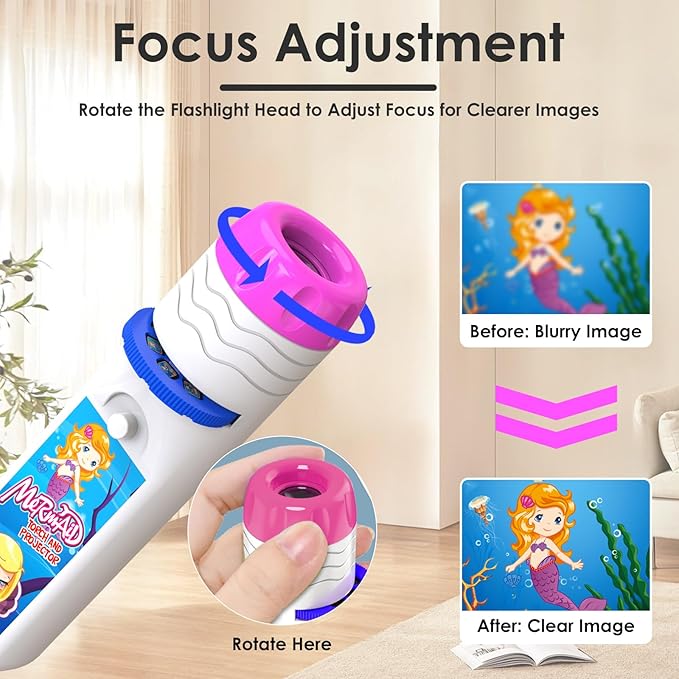 Pup Go Mermaid Projector Flashlight for Kids Ages 3+, Ideas Christmas Stocking Stuffers Gifts for Girls, Pink Fairy Little Mermaid Toys, 3 Discs 24 Images, Kid Night Light Projector
