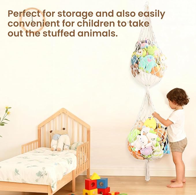 Large Stuffed Animal Net Corner Stuffed Animal Storage Hammock for Kids' Wall Room Decor Hanging Toy Storage Plushie Net Organizer Holder Kids Baby Nursery Wall Bedroom Home Decor (2 Tier, XXL)