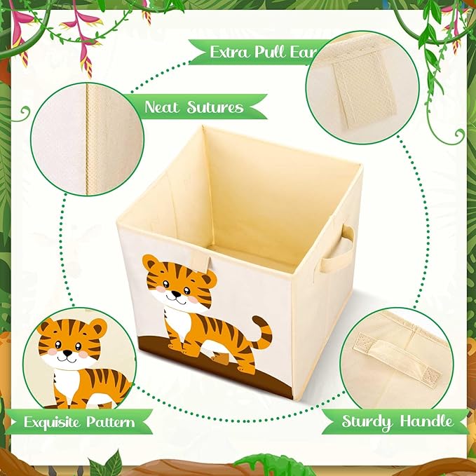 Kigley 6 Pcs Collapsible Cube Storage Bins Kids Foldable Storage Cube Organizer Fabric Toy Box Decorative Kids with Handles for Home Nursery Bedroom, 10.6 x 10.6 Inch(Vivid Animal)