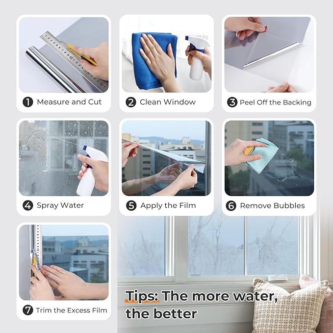 DOWELL Window Privacy Film, One Way Window Tint for Home, Static Cling Anti UV Sun Blocking Reflective Mirror Film, Heat Control See Out Not in Glass Tinting, Silver, 35.4" x 118"