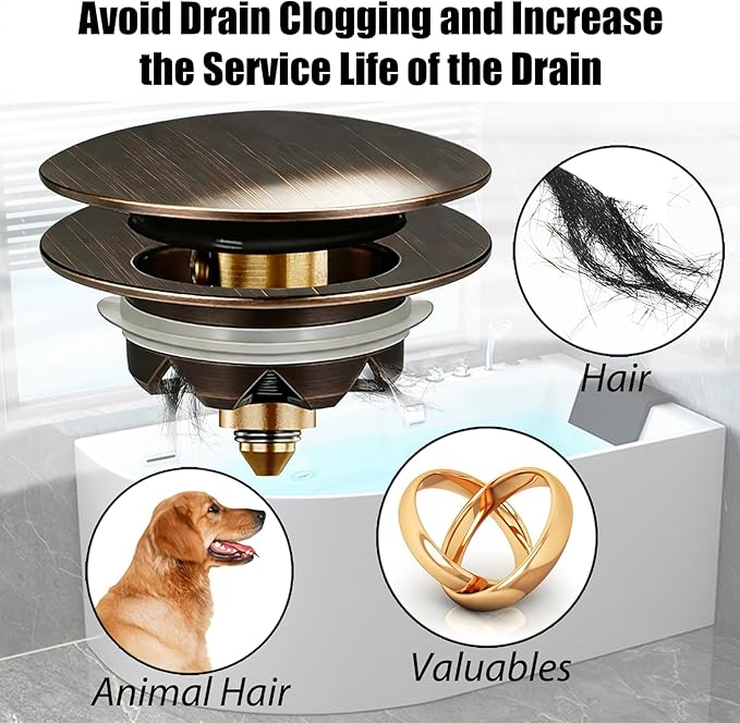 Anlige Bathtub Drain Stopper, Pop Up Tub Stopper and Cover, Bottom with Hair Catcher, Universal for 1.45 to 1.8in Drain, Replaces Old Drain Plug, Oil Rubbed Bronze