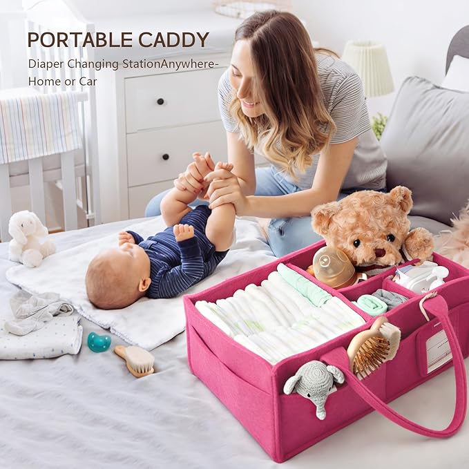 GEMII Diaper Caddy Organizer-Large Baby Caddy Organizer with Handle, Newborn Registry Essentials, Baby Shower Basket Gifts for Boys or Girls (Pink, Large)