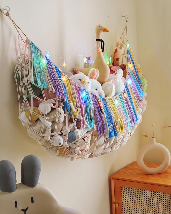 Boho Macrame Stuffed Animal Hammock with LED Lights – Large Wall Hanging Plushie Net, Corner Toy Organizer for Kids Bedroom, Nursery, Playroom & Dorm (Rainbow XXL)