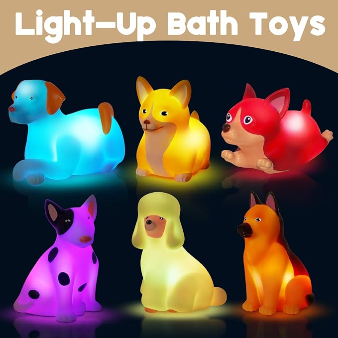 VIBOYLAR Bath Toys for Toddlers 1-3: 6 PCS Light-Up Dog Bath Toy Set, Baby Bath Toys, Bathtub Pool Bath Toy for Kids, Christmas Birthday Gifts for Boys & Girls Ages 1 2 3+ Years Old
