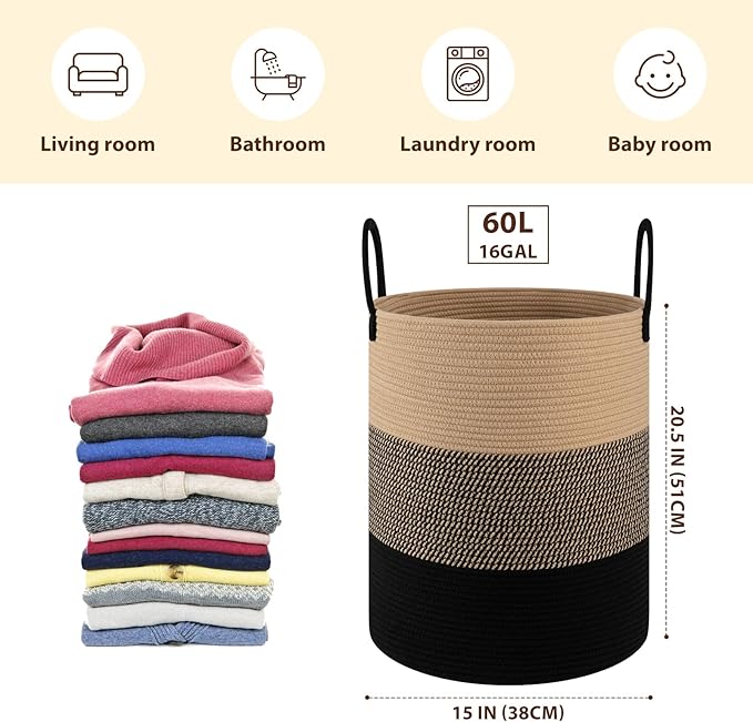 OIAHOMY Large Laundry Basket Hamper - 60L Cotton Rope Woven Basket for Blankets, Toys, Clothes - Tall Decorative Nursery Hamper with Long Handles, Yellow/Black