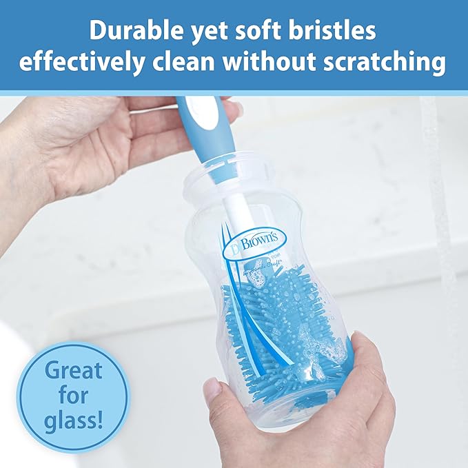 Dr. Brown's Soft Touch No Scratch Baby Bottle Cleaning Brush, Nipple Cleaner & Suction Cup Base for Easy Storage, BPA Free, Blue (Pack of 4)