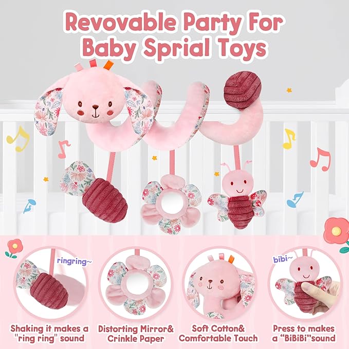 TSYAN Car Seat Toys for Babies 0-6 Months Boy,Baby Spiral Hanging Plush Activity Toys Thank You Gifts for Newborn 0 3 6 9 12 Months Baby Boys Girls