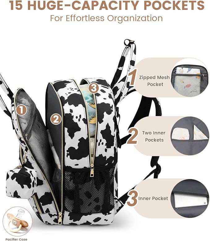 Pritent Diaper Bag Backpack,Baby Essentials Diapers Bag with Pacifier Case,Multipurpose Stylish Large Capacity Travel Backpack for Baby Girl/Boy(L-Cow Print)