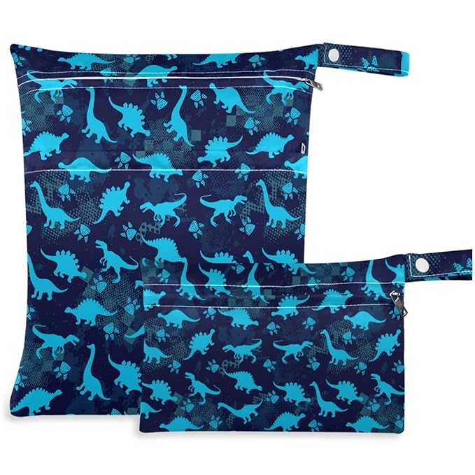 visesunny Blue Dinosaur Footprint 2Pcs Wet Bag with 2 Zippered Pockets Snap Handle Washable Reusable Roomy for Travel,Beach,Pool,Daycare,Stroller,Diapers,Dirty Gym Clothes, Wet Swimsuits, Toiletries