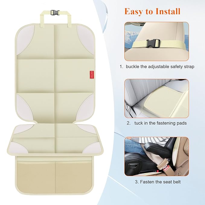Car Seat Protector, 2 Pack 600D Fabric Seat Protector Under Baby Car Seat with Upgraded Non-Slip Backing, Thickest Padding, Mesh Storage Pockets