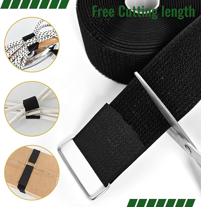 2 Inch x 16 Ft Cable Tie with Hooks, 10 Metal Buckles, Adjustable Reusable Securing Cord Ties, Freely Cut-to-Length Cinch Strap, Suitable for Organization and Storage