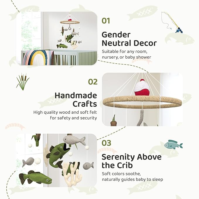 Baby Mobile for Crib Fishing Crib Mobile for Boys Handmade Vintage Hunting Nursery Decor for Infant Bedroom Hanging Rustic Lake House Decor Gone Fishing Party Decorations Baby Shower Gift