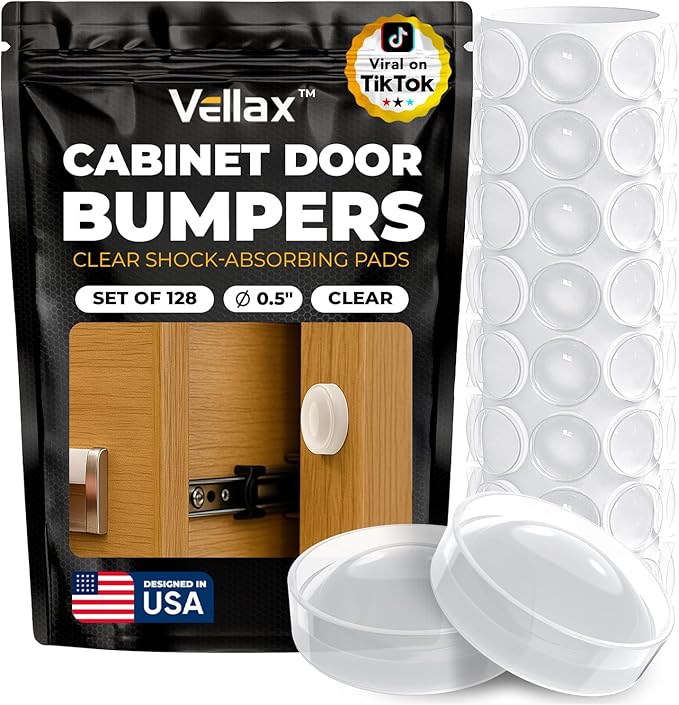 128 Clear Silicone Bumper Pads – Self-Adhesive Sound Dampening Stops with Flat Dome Shape Design for Cabinet Doors, Drawers, Cupboards, Glass Surfaces, Picture Frames – Vellax