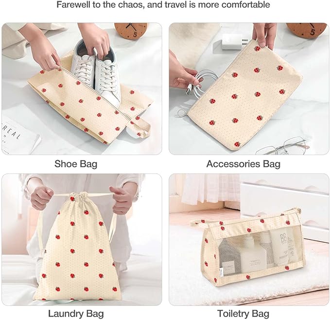 8 Set Packing Cubes for Suitcases,Suitcase Organizer with Shoe,Cosmetics,Clothing, and Accessories Bags for Travel Luggage Organizer Women Men(Beige Small Strawberry)