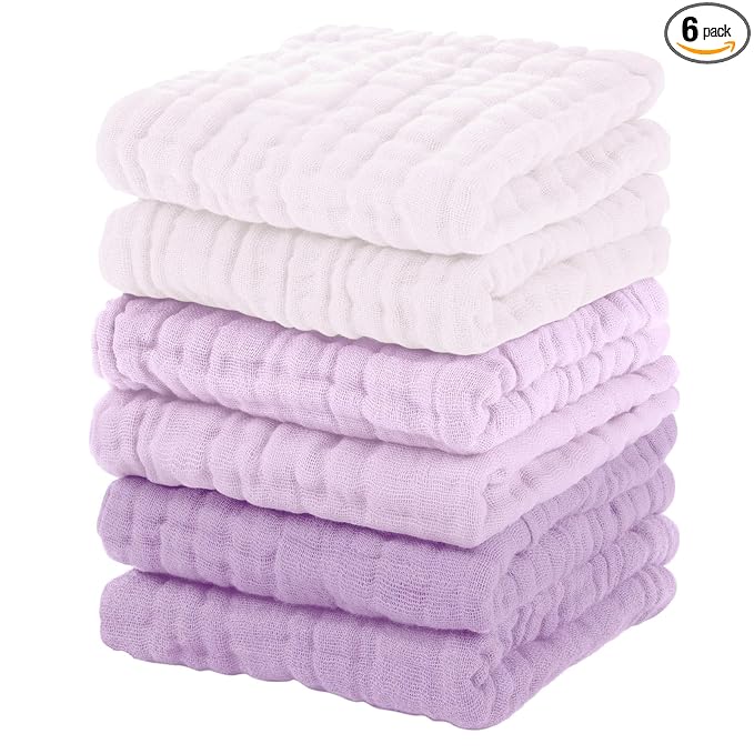 Unnivoll Muslin Burp Cloths Baby 12''X12'', Baby Washcloths 6 Pack, 100% Cotton Baby Wash Cloths Absorbent and Soft for Newborn Infants Kids Boys Girls - Gradient Purple