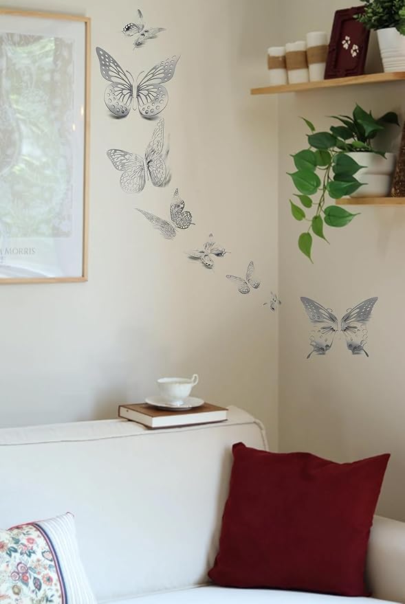 JOSDIOX 3D Silvery Butterfly Wall Stickers - 48 Pcs with 4 Styles & 3 Sizes, Removable Decor for Party Birthday Wedding Cake Balloon Decoration(48 Silvery)
