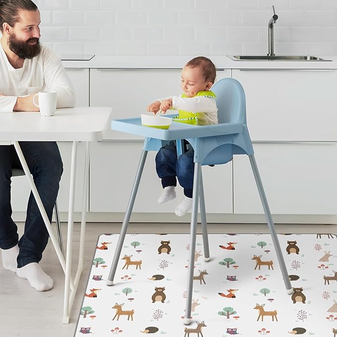 CLYMENE Splat Mat for Under High Chair | 51x51 Inch Anti-Slip Baby Splash Mat | Waterproof & Washable Spill Mat for Highchair Floor and Infant Play (Woodland Tale)