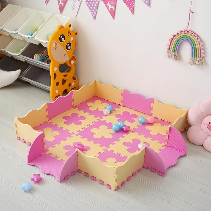 Tamiplay Foam Play Mat for Kids，25Pcs Square Interlocking Puzzle Floor Mat，Baby Play Mat Floor Mat Foam Puzzle Playmat for Toddlers with Fence（Pink Flower-CSH032