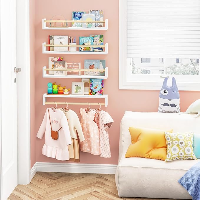 Fixwal Nursery Book Shelves, 23.6 Inch Floating Bookshelves for Wall Set of 4, Baby Nursery & Playroom Decor, Solid Wood Wall Mounted Shelves for Books and Toys Storage (White and Natural Wood)
