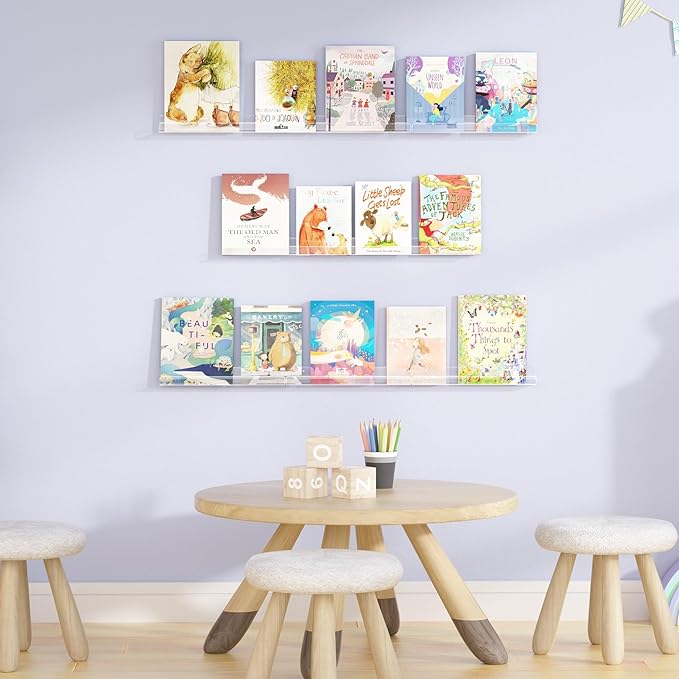 upsimples 10 Pack Clear Acrylic Shelves, 1.7" x12" Nursery Bookshelves, Small Floating Bookshelf for Kids Baby, Vinyl Wall Mount, Record Holder, Magazine Rack, Comic Display, Picture Ledge Shelf Décor