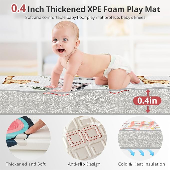 71x59 Foldable Baby Play Mat, Foam and Waterproof Playmat for Floor, Babies Activity Tummy Time Playmats, Portable & Anti-Slip Crawling Mats, Reversible Floor Mat for Kids, Infant, Toddler(Rainbow)