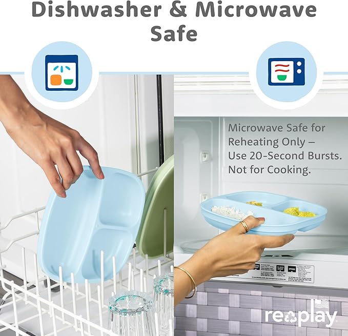 Re-Play Toddler Plates with Dividers - Deep-Walled 3 Compartments Divided Plates for Kids with 3 Lids - Dishwasher & Microwave Safe - Made in USA - Set of 3-7.37" x 7.37" x 1.25" - Monochrome