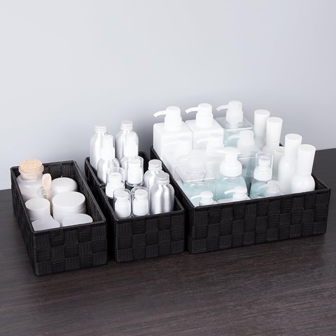 Posprica Small Black Baskets Cube Bin Container Tote,Woven Storage Baskets for Organizing Organizer Divider for Drawer, Closet, Shelf, Dresser, Set of 4
