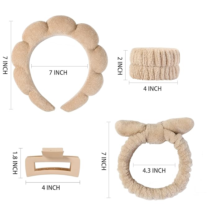 7 Pcs Spa Set, Facial Headband and Wristband Set, Skincare Accessories, College Style Girl Idea Gifts, Hair Accessories for Women and Girls（Brown）