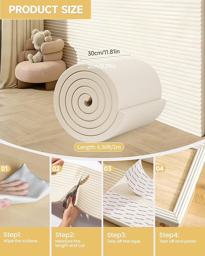 11.8''W Extra-Wide Edge Protector, 6.56FT 0.79''Th Baby Proofing Corner Guards, Safety Furniture Bumper, Pre-Taped, Thick Soft Rubber Foam Padding for Fireplace Table Stair Cabinet (Beige)