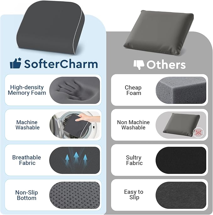 SofterCharm Seat Cushion, Memory Foam Office Chair Cushions for Long Sitting Hours, Chair Pad for Sciatica, Coccyx, Tailbone, Hip Pain & Pressure Relief, Office, Home, Car Seats,Airplane, Gray/X-Large