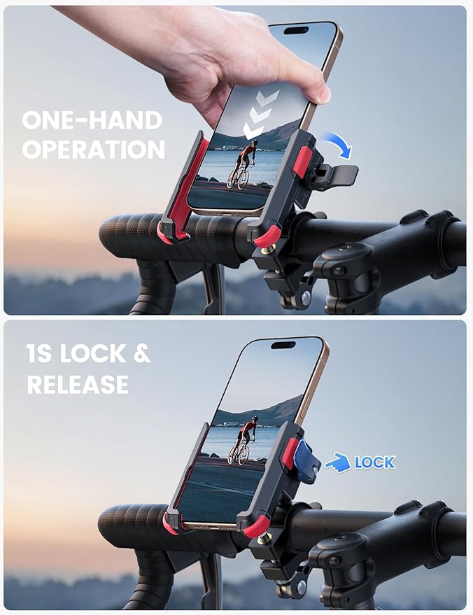 Lamicall Motorcycle Bike Phone Mount - [No Block Camera] [1s Lock] Bike Cell Phone Holder Clamp, Bicycle Scooter Handlebar Clip, for iPhone 16 15 14 Pro Max, Galaxy Ultra, 4.7-7" Phones, Red