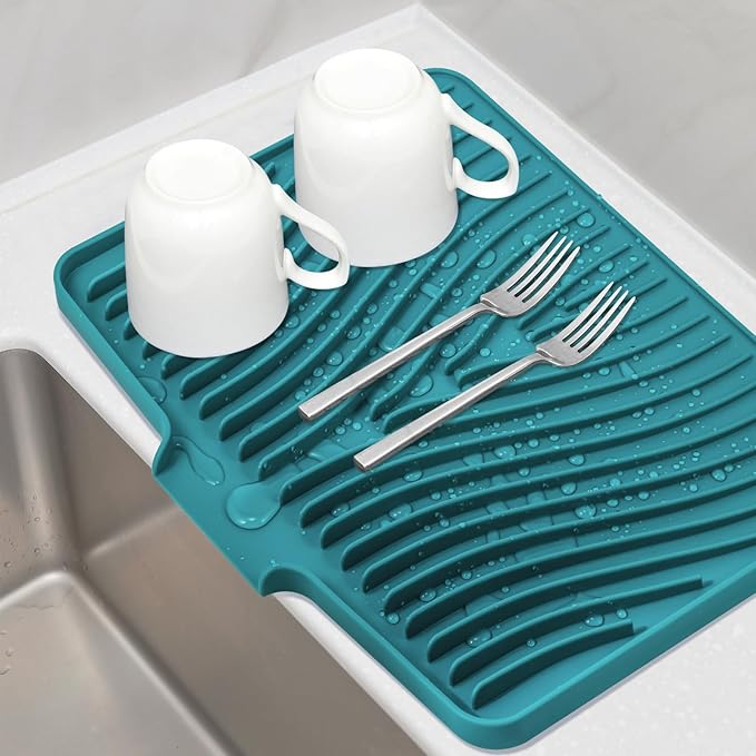 Silicone Dish Drying Mat for Kitchen Counter, Dish Drying Pad, Non-Slip Drain Pad with Built-in Drain, Heat Resistant Stone Drying Mat(16" x 12", Green)