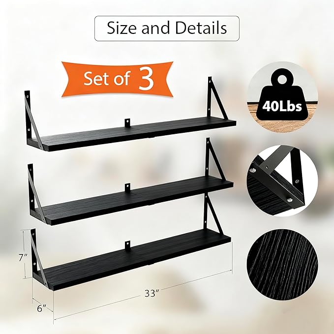 Floating Book Shelves Set of 3, Wall Bookshelf, 33 inch Long Wood Shelf for Wall Storage, Hanging Shelving for Bedroom, Bathroom, Living Room, Kitchen, Office and Plants (Black)