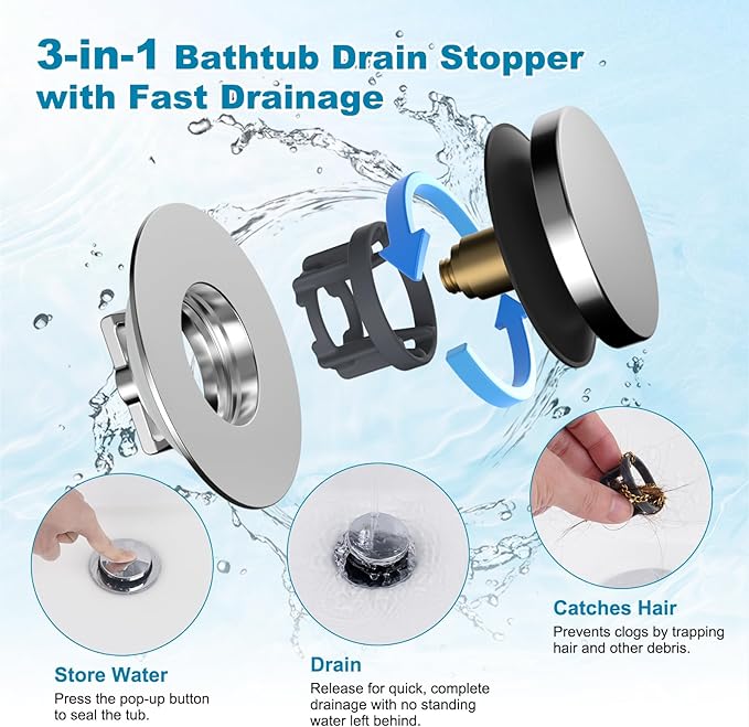 Hibbent 3 in 1 Metal Bathtub Drain Stopper, Universal Pop Up Tub Stopper, Bathtub Drain Hair Catcher, Removable Filter Basket, Anti-Clogging Drain Plug for 1.5''~2.4'' Drain, Brass Bullet Core, Chrome