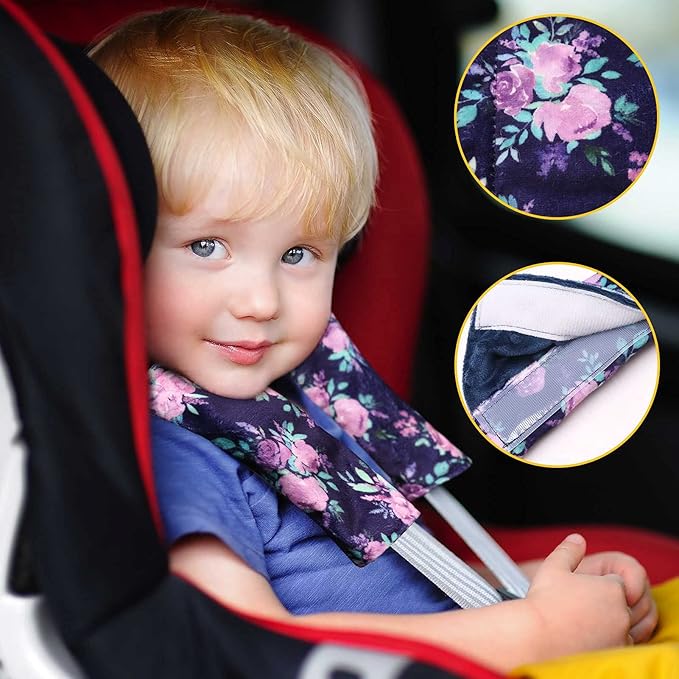 Baby Car Seat Belt Covers, Purple Flower Car Seat Strap Covers for Boys Girls, Fleece Stroller Strap Cover for Kids, Soft Car Seat Neck Cover, Newborn Car Seat Straps Shoulder Protectors, 2 Pack,