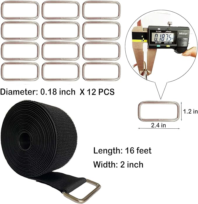 Wide 2" ×16 Ft Long Hook and Loop Cable Straps with 12 Heavy Metal Buckles, Adjustable Nylon Tie Down Straps,Free Cut Length and Width, Reusable, Black