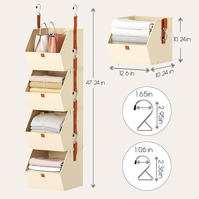 Homsorout Hanging Closet Organizer 4 Tier - Clothes Hanging Shelves, Space-Saving Closet System, Fabric Storage Bins Bedroom Organization, Collapsible Baskets for Home, Dorm, Rv, Beige, 2 Pack